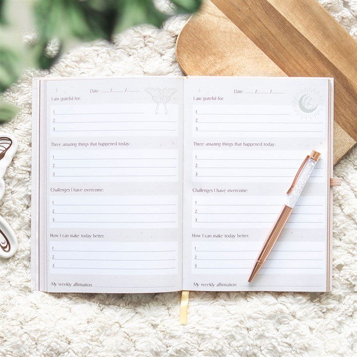 Open planner with a pen on a textured surface