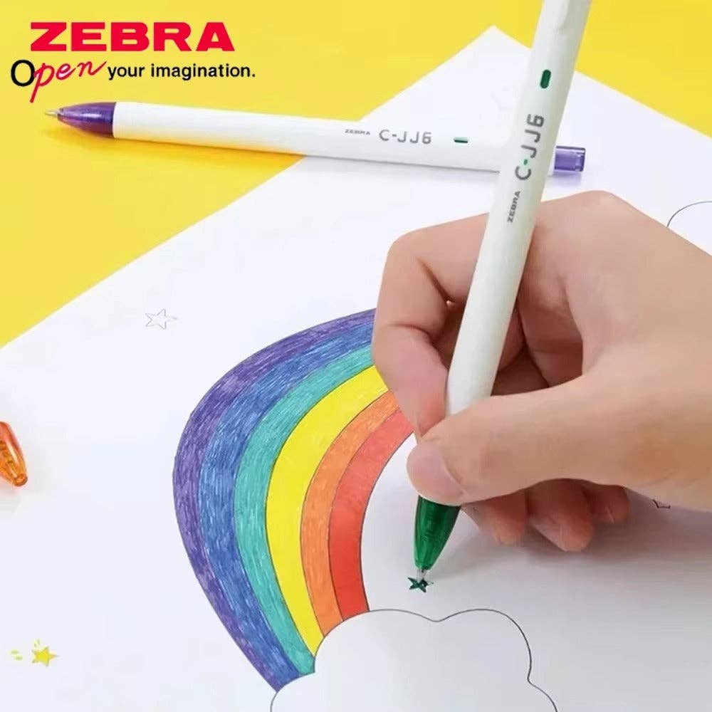 Hand coloring a rainbow with a Zebra pen on a yellow background, featuring the Zebra brand logo.